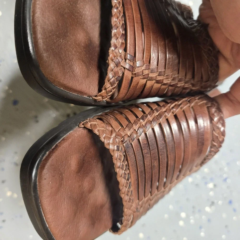 Walking Cradles Women's Brown Leather Woven Slide‎ Sandals Comfort Wedges Size9